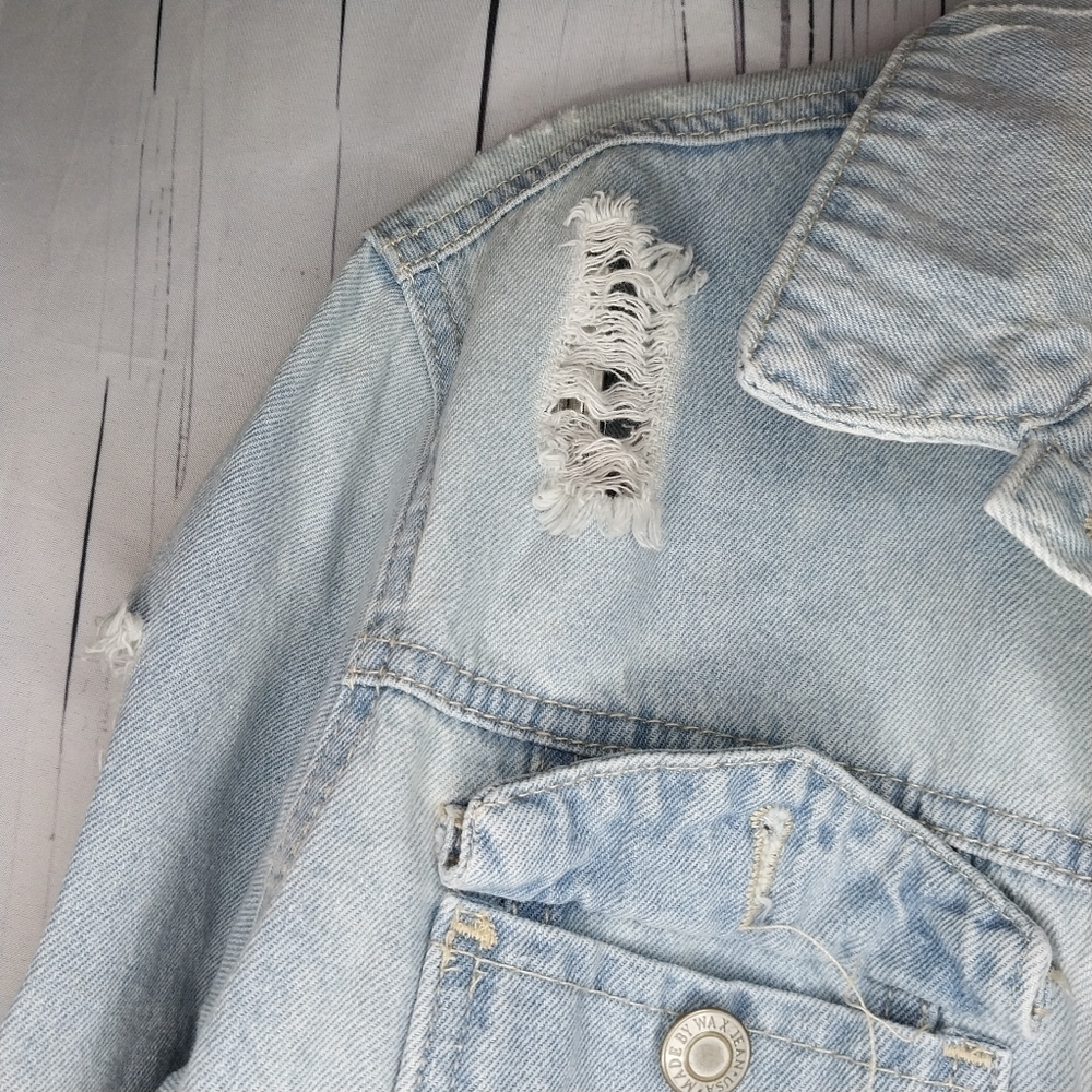 Wax Jean Basic Denim Light Wash Grunge Edgy Thrashed Y2K Festival Denim Jacket - Picture 6 of 15